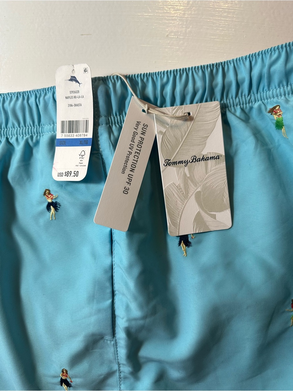 NWT Tommy Bahama XL/TG Men’s Light Blue Hula Dancer Swim Board Shorts,UV PROTECT - Picture 5 of 10